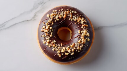 Poster - Delicious chocolate frosted donut topped with crushed nuts, resting on a smooth marble surface, perfect for dessert or snack images in food photography