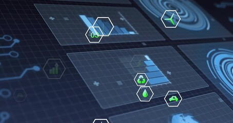 Poster - On startup hex icons fading in and floating above panels while bars filling visualizing metrics