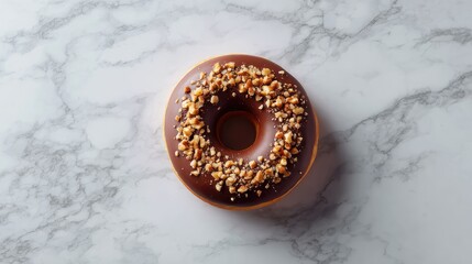 Poster - Delicious Chocolate Glazed Donut Topped with Crunchy Nuts on Marble Background Perfect for Bakery and Dessert-Themed Projects
