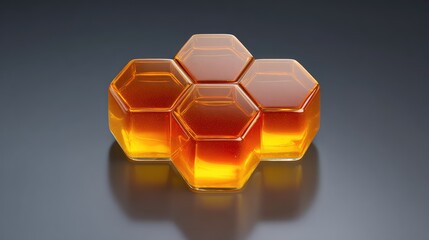 Poster - Modern Glass Honeycomb Shapes in Amber Color on a Dark Background, Ideal for Product Design, Packaging, and Creative Projects Emphasizing Natural Elements