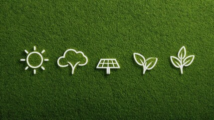 Poster - Iconic Symbols Representing Renewable Energy Concepts with Sun, Tree, Solar Panel, and Leaf Designs on a Lush Green Grass Background for Sustainable Living Themes