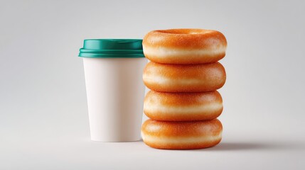 Poster - Delicious Stack of Freshly Baked Donuts Next to a Disposable Coffee Cup on a Neutral Background Perfect for Breakfast or Snack Concepts
