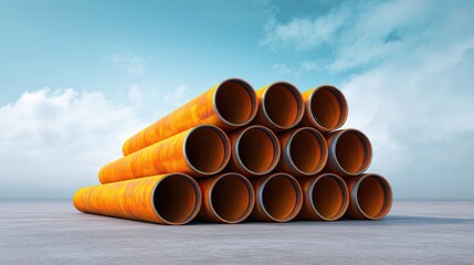 Poster - Stack of Bright Orange Industrial Pipes against a Clear Blue Sky, Displaying Textured Surface and Strong Geometry in a Modern Construction Setting