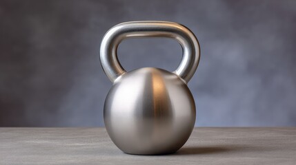 Poster - Sleek Silver Kettlebell on Wooden Surface with Soft Background for Fitness, Workout, and Strength Training Enthusiasts Showcasing Modern Design and Versatility