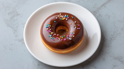 Poster - Delicious chocolate glazed donut with colorful sprinkles on a white plate, perfect for dessert lovers seeking sweet treats and bakery delights in their photography projects.