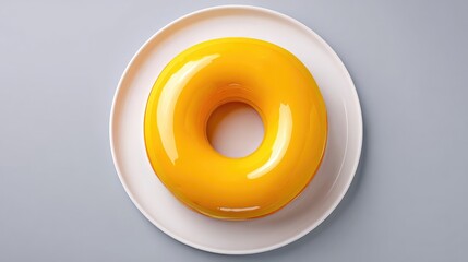 Poster - Bright Yellow Glazed Donut on White Plate Isolated on Light Grey Background Perfect for Sweet Treat or Dessert Concepts in Food Photography
