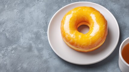 Poster - Glazed Yellow Donut on White Plate with Tea in Relaxing Setting, Perfect for Sweet Treats or Morning Snacks on a Calm Background