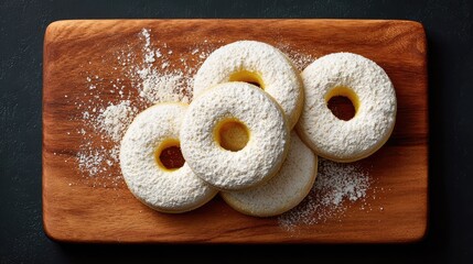 Poster - Delicious homemade donuts dusted with powdered sugar displayed on a wooden board against a dark background, perfect for culinary and dessert-themed photography.