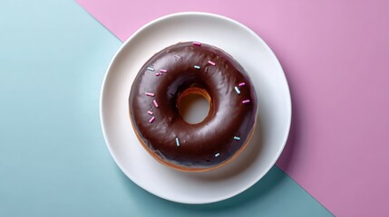 Poster - Delicious chocolate frosted donut with colorful sprinkles on a clean white plate against a modern pastel background of blue and pink colors