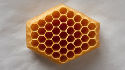 Poster - Honeycomb Structure Close-Up Showing Intricate Hexagonal Cells with Natural Golden Honey Residue on Smooth White Background for Culinary and Nature Themes