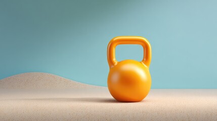 Poster - Bright Yellow Kettlebell on a Soft Sand Surface with a Calm Blue Background, Perfect for Fitness, Exercise, or Home Gym Use, Showcasing Modern Workout Equipment Aesthetic