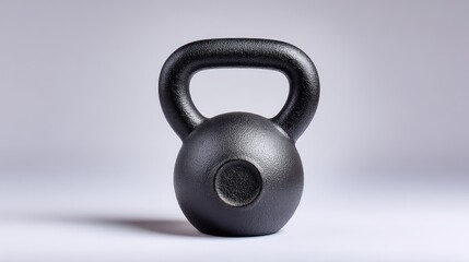 Poster - Close-up of a heavy black kettlebell on a smooth surface, highlighting the texture and design ideal for fitness enthusiasts and home workout equipment collections