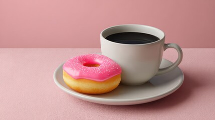 Poster - Delicious pink frosted donut served on a plate with a steaming cup of black coffee against a pastel pink background for perfect breakfast or snack display