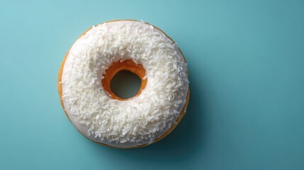 Poster - Delicious Coconut Topped Doughnut Over a Light Blue Background, Showcasing the Sweet Crunchiness of Shredded Coconut and Creamy Frosting Texture