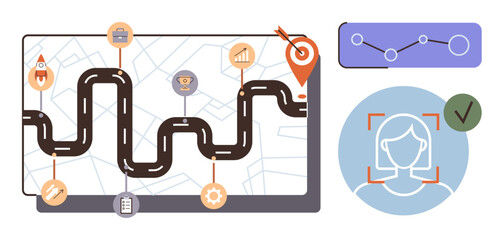 Poster - Roadmap with milestones, targets, and icons for progress tracking, face recognition for identity verification, and analytics chart showcasing growth. Ideal for strategy, technology, progress