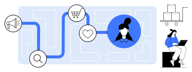 Poster - Marketing path with loudspeaker, search, cart, and heart leading to customer avatar. Person working on laptop near warehouse boxes. Ideal for marketing, e-commerce, logistics, sales strategy