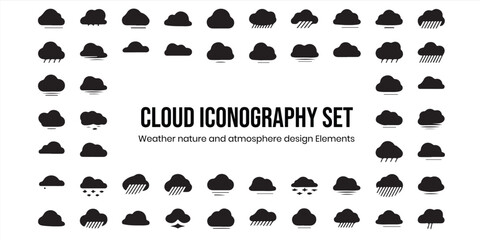 Poster - Cloud iconography set featuring various weather elements in black and white design style