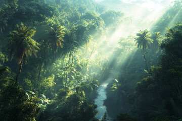  Lush Rainforest with Sunlight Filtering Through Canopy and Winding River

