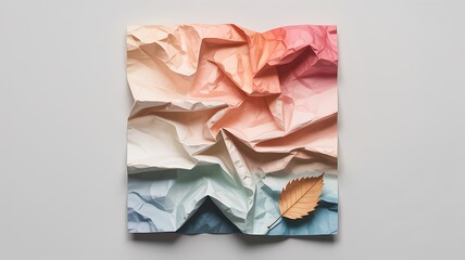 Poster - Crumpled paper with gradient colors and single leaf pink