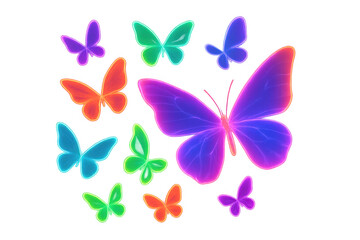 Poster - Neon butterflies glowing with electric colors, translucent wings illuminating transparent backdrop, digital art rendering