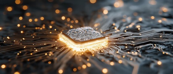 Poster - Advanced AI chip with glowing core and circuit patterns on blue tech background, symbolizing neural networks for semiconductor research and data analytics.