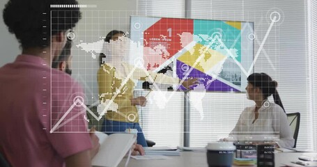 Poster - Mid-adult woman raising pointer to business charts pointing segments map fading highlighting trend