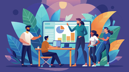 Poster - Team presenting data on screen in office environment