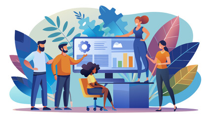 Poster - Team collaboration around a large computer screen view