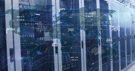 Poster - Map overlay fading over cabinets while nodes clustering, lines animating for global data monitoring