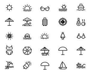 Poster - Thin line graphic symbol depicting a person relaxing on a beach under the sun perfect for summer vacation or travel themes