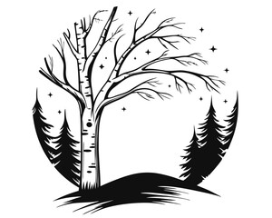 Poster - Collection of elegant birch tree outlines showcasing delicate branches and distinctive white bark patterns perfect for naturalistic design elements and woodland themes