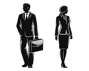 Poster - Professional duo in silhouette a business partnership of a man and woman in a striking black and yellow design for corporate concepts