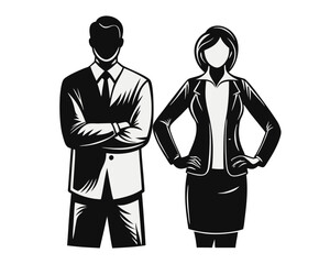 Poster - Professional business partners a man and woman depicted in a striking black silhouette representing collaboration and modern corporate teamwork in a clean design