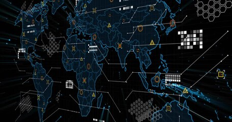Poster - Dark background fading into blue Americas forming world map, pulsing nodes revealing data flows