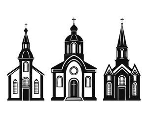Poster - Diverse collection of architectural building silhouettes featuring churches and religious structures for artistic and design applications