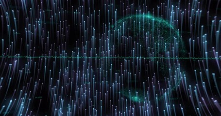 Poster - Animation initiating pulsing columns streaming green waveform forming dispersing globe showing flow