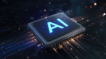 Poster - High-tech AI chip glowing blue on digital circuit board, representing artificial intelligence, futuristic computing, and advanced data processing systems and technologies