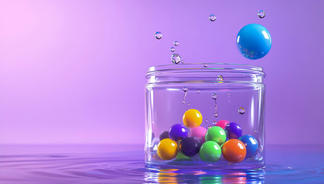 3D rendering of a transparent glass jar filled with clear water and vibrant, multi-colored spheres, set against a soft light purple gradient background with subtle lighting effects.