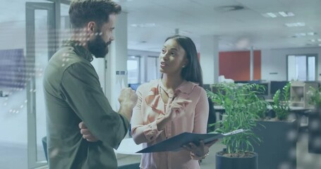 Poster - Woman flipping clipboard triggers code overlay appearing on glass partition for tech discussion