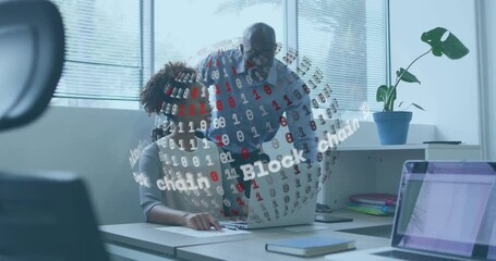 Poster - Man leaning over woman laptop and initiating blockchain sphere as woman taking notes collaborating