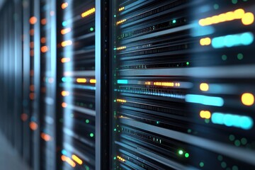 Poster - Close-up of illuminated server racks in a high-tech data center, symbolizing secure digital infrastructure, cloud technology, and modern computing and data storage systems