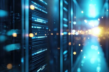 Poster - Blurry lights reflecting on server racks in a glowing futuristic data center, representing advanced computing technology, data infrastructure, and digital network systems