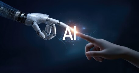 Poster - Human and robot hands reaching toward each other with glowing AI text, symbolizing artificial intelligence, human-machine collaboration, and futuristic technological interaction