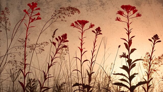 red plant silhouettes against a textured background