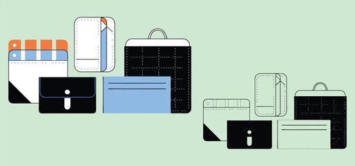 Fototapete - Stylized illustration of various wallets and bags arranged on a light green background showcasing accessories