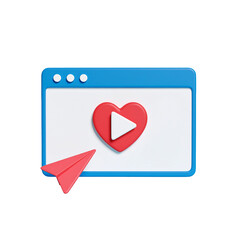 Poster - Digital Love: A 3D-rendered interface showcasing a heart-shaped play button with a paper airplane, symbolizing social sharing and digital affection.