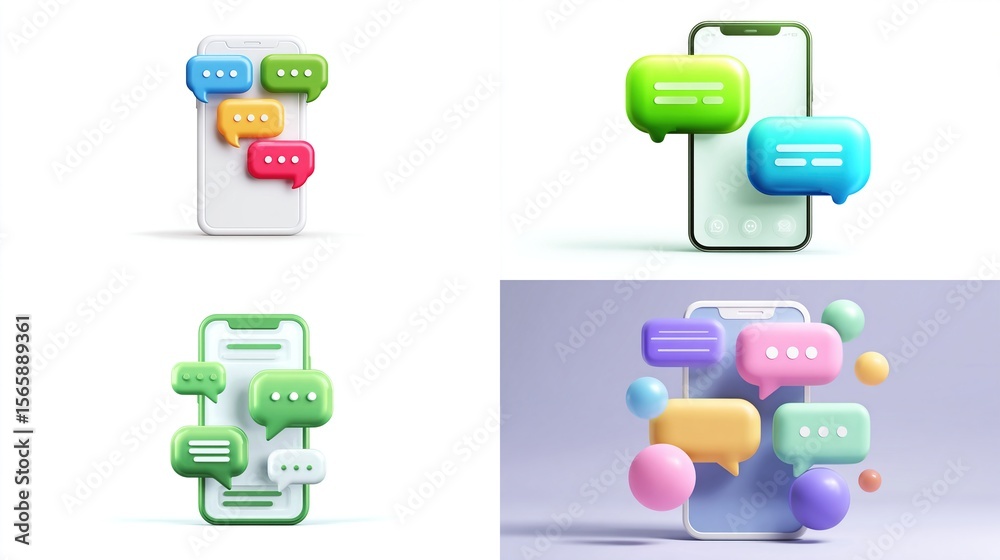 Smartphone displaying chat bubbles with 3D balls against a white ...