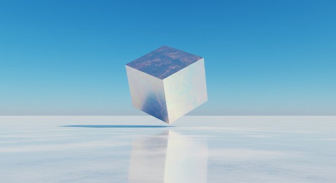 Iridescent Cube Floating Above Reflective Surface Under Blue Sky