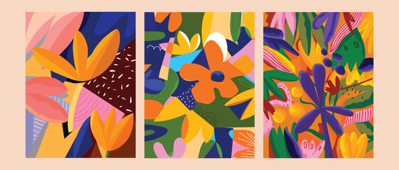 Poster - A vibrant triptych of abstract floral art featuring bold shapes and colors