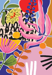 Poster - Abstract botanical collage featuring flowers berries  stylized shapes in bold bright colors